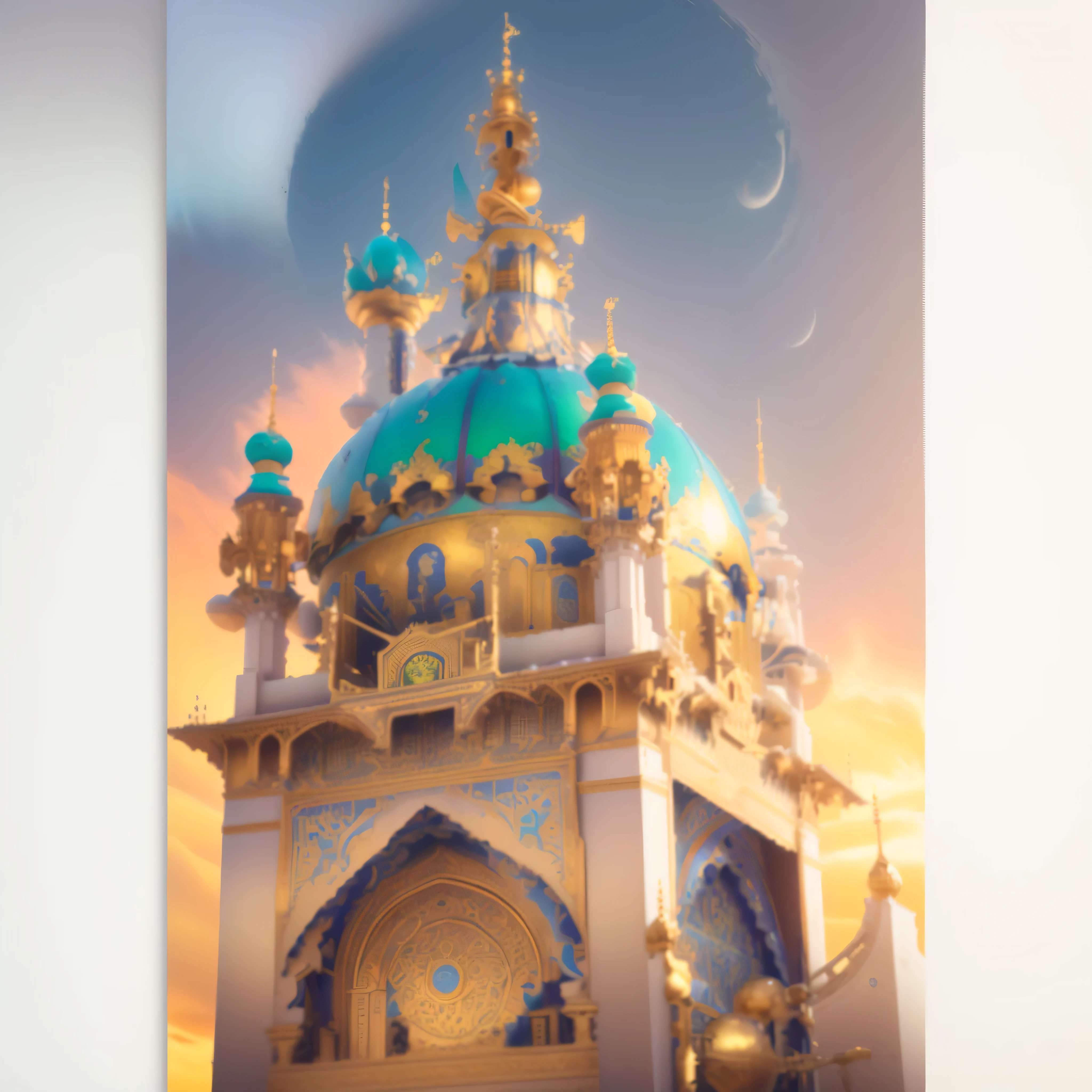 a close up of a colorful building with a clock on top, colourful biomorphic temple, with beautiful mosques, beautiful image, profile pic, colour, painted tower of the moon, brilliantly coloured, islamic, traditional art, beautifully painted, ornate palace made of green, minarets, stunning sight, beautiful scene, highly ornate, holy place, muira, 8k, futuristic, golden dome, pleasant, realistic, photo-realistic, ultra realistic, detailed, no banners, clear structure