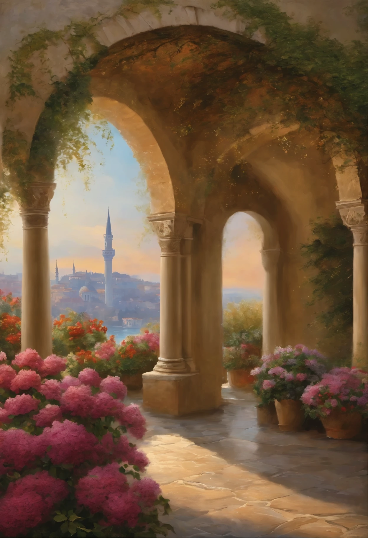 Vue enchanteresse sur la ville de Constantinople (0.2), Magnificent domes and minarets reaching for the sky (0.15), Byzantine mosaics glittering in the sun (0.1), Surrounded by lush gardens in full bloom (0.15), Distant silhouette of Istanbul's cityscape (0.1), les eaux calmes du Bosphore au premier plan (0.1), Sunset tones painting the scene in warm colors (0.1), rendu dans les styles artistiques des traits impressionnistes de Claude Monet (0.05) and in the idyllic, Light-infused décor by Thomas Kinkade (0.05)
