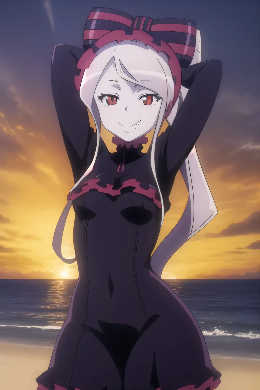 anime, hdr, soft light, ((best quality)), ((masterpiece)), (detailed), SHALLTEAR, fang out, ponytail, very long hair, hair bow, bonnet, purple dress, frills, long sleeves, looking at viewer, smile, closed mouth, solo, cowboy shot, night sky, beach, arms behind head, contrapposto, spread armpits, looking at viewer, best quality, smile, small breast,