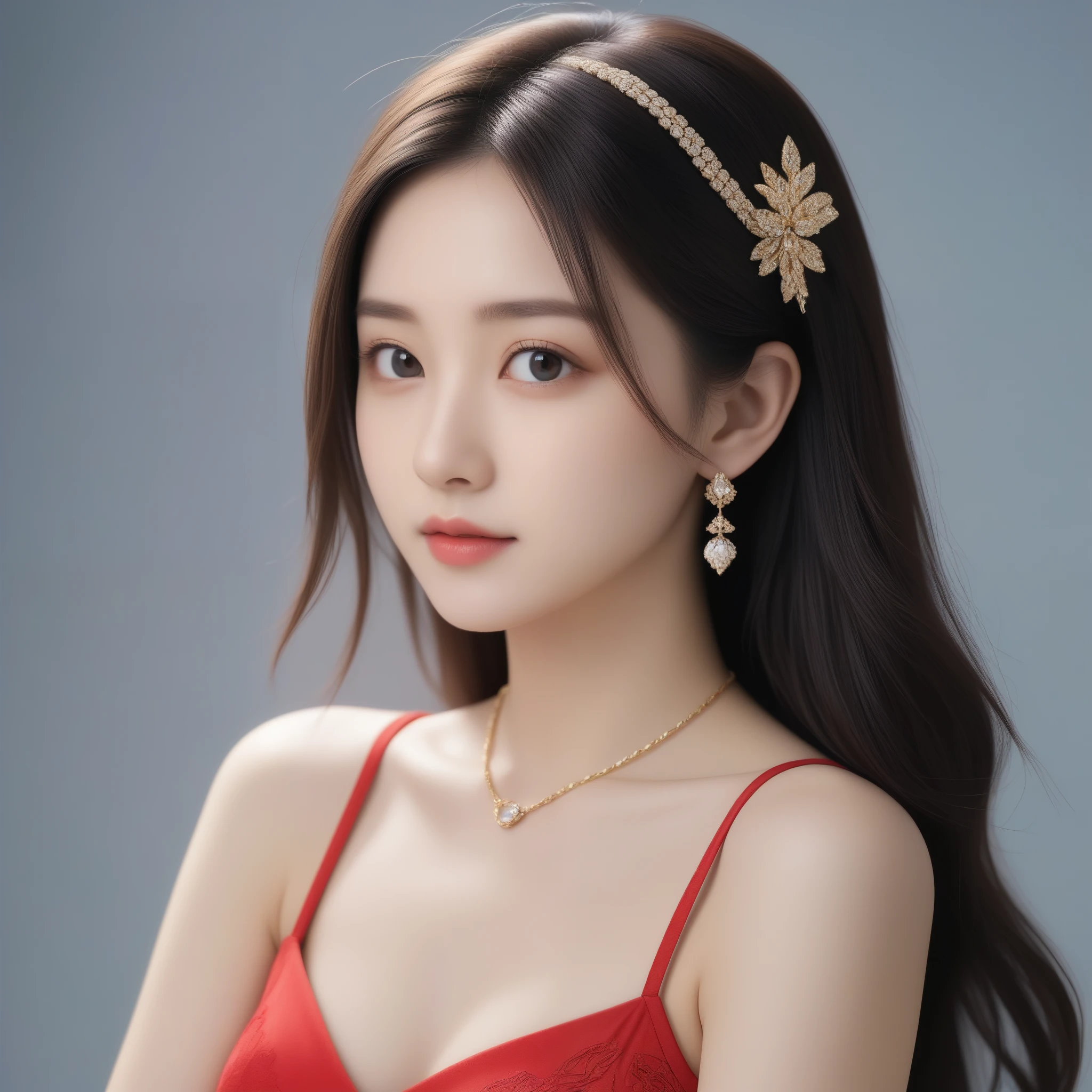 8k, Ultra-high resolution, highest quality, masterpiece, Rule of thirds photography,Surreal, photograph, 1 girl, (16 years old:1.3), pretty girl, Cute Face, Beautiful eyes in every detail, 細かくdetailedに,masterpiece,, One Girl:1.2, Japan Female Announcer,A woman in a red dress and gold jewelry is looking to the side,Sexy pose,Thin lips ,Bold Pose,Looking at the audience、beauty,Long neck、Laugh a little、Please close your mouth and laugh、(((Ideal body type))),A cup small breasts :2,whole body、Perfect Anatomy、鮮明なdetailed、detailed、Surreal、Light and shadow,Strong light