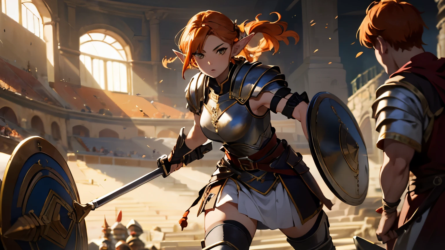 masterpiece, high quality, one man, (long elf ears), (orange hair), strong looking, wearing gladiator armor holding spear and shield, in a enormous coliseum, fantasy clothes,