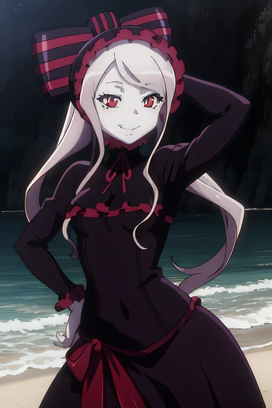 anime, hdr, soft light, ((best quality)), ((masterpiece)), (detailed), SHALLTEAR, fang out, ponytail, very long hair, hair bow, bonnet, purple dress, frills, long sleeves, looking at viewer, smile, closed mouth, solo, cowboy shot, night sky, beach, arm behind head, hand on hip, contrapposto, spread armpits, looking at viewer, best quality, smile, small breast,