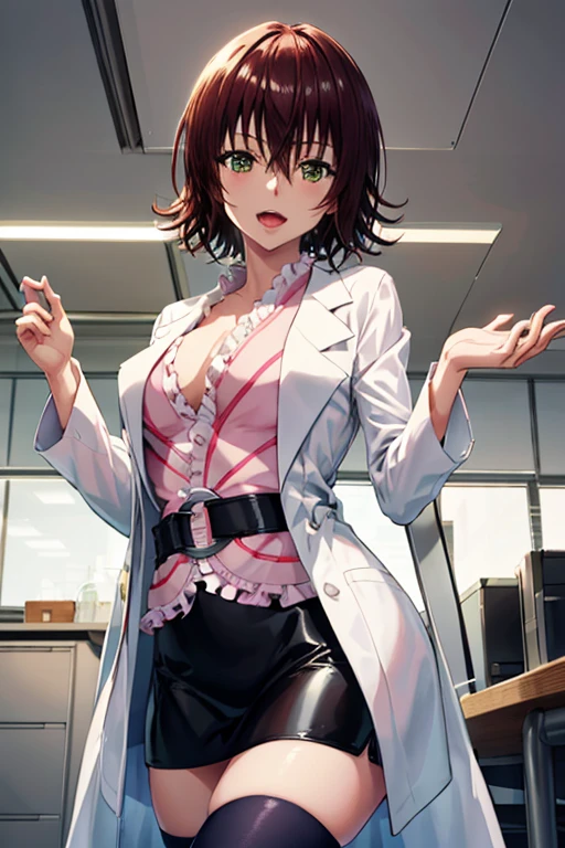 masterpiece, highres, highest quallity, illustration,best quality,beautiful face,perfect body,official art,grand plix award illustration,professional lighting, 1girl,aaryouko, short hair, pink shirt, labcoat, belt, miniskirt, black skirt, black thighhighs, laboratory, smile, open mouth,
