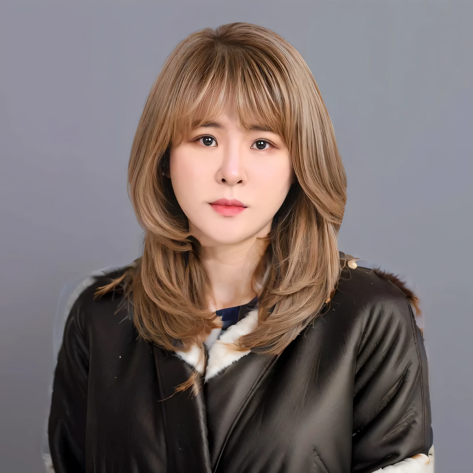 Best Quality, 8k, Masterpiece, (Portrait: 1.3), (photo realistic:1.4), (hyper realistic:1.4), Sharp Focus, looking at viewer, (smoother lighting:1.1), (increase cinematic lighting quality:0.9), realistic lighting, backlighting, light on face, ray trace, (brightening light:1.2), (Increase quality:1.4), sharp detail, (best quality real texture skin:1.4), finely detailed eyes, black_eyes, finely detailed face, 25 year old Korean woman, (fur_coat:1.4), (Create an image maintaining the original base model hairstyle:1.5)
