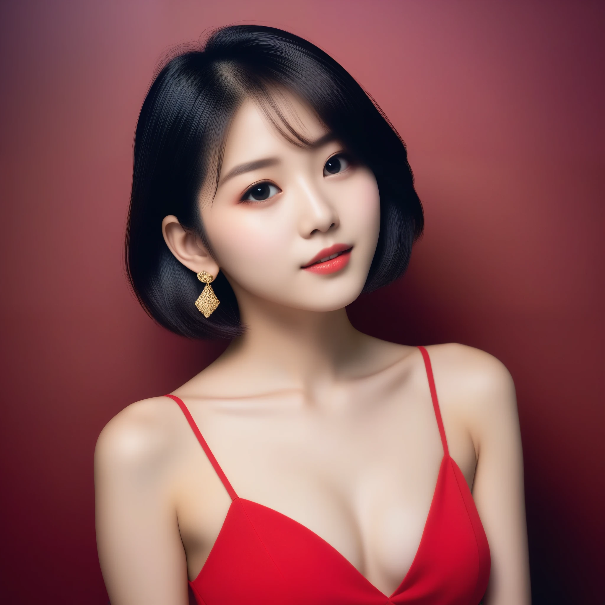 8k, Ultra-high resolution, highest quality, masterpiece, Rule of thirds photography,Surreal, photograph, 1 girl, (:1.3), pretty girl, Cute Face, Beautiful eyes in every detail, 細かくdetailedに,masterpiece,, One Girl:1.2, Japan Female Announcer,A woman in a red dress and gold jewelry is looking to the side,Sexy pose,Thin lips ,Bold Pose,Looking at the audience、beauty,Long neck、Laugh a little、Please close your mouth and laugh、(((Ideal body type))),A cup small breasts :2,whole body、Perfect Anatomy、鮮明なdetailed、detailed、Surreal、Light and shadow,Strong light