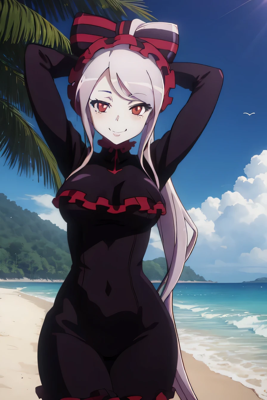 anime, hdr, soft light, ((best quality)), ((masterpiece)), (detailed), SHALLTEAR, fang out, ponytail, very long hair, hair bow, bonnet, purple dress, frills, long sleeves, looking at viewer, smile, closed mouth, solo, cowboy shot, night sky, beach, arms behind head, contrapposto, spread armpits, looking at viewer, best quality, smile,