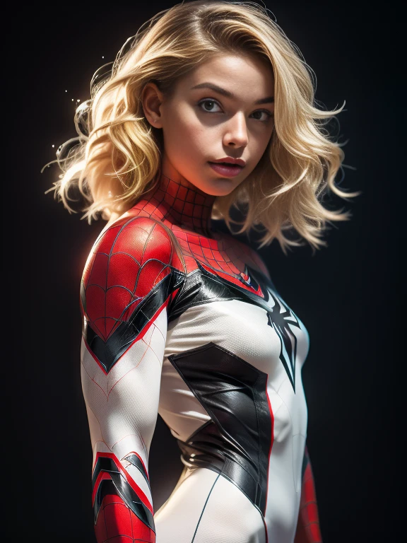 18yo Girl，White Spider-Man suit，short and wavy hair，blondehair，beautifulface，lluvia，teto，The Masterpiece，exquisite detailing，Perfect anatomy，best qulity，ultra-highresolution，4k, Full body Shot
