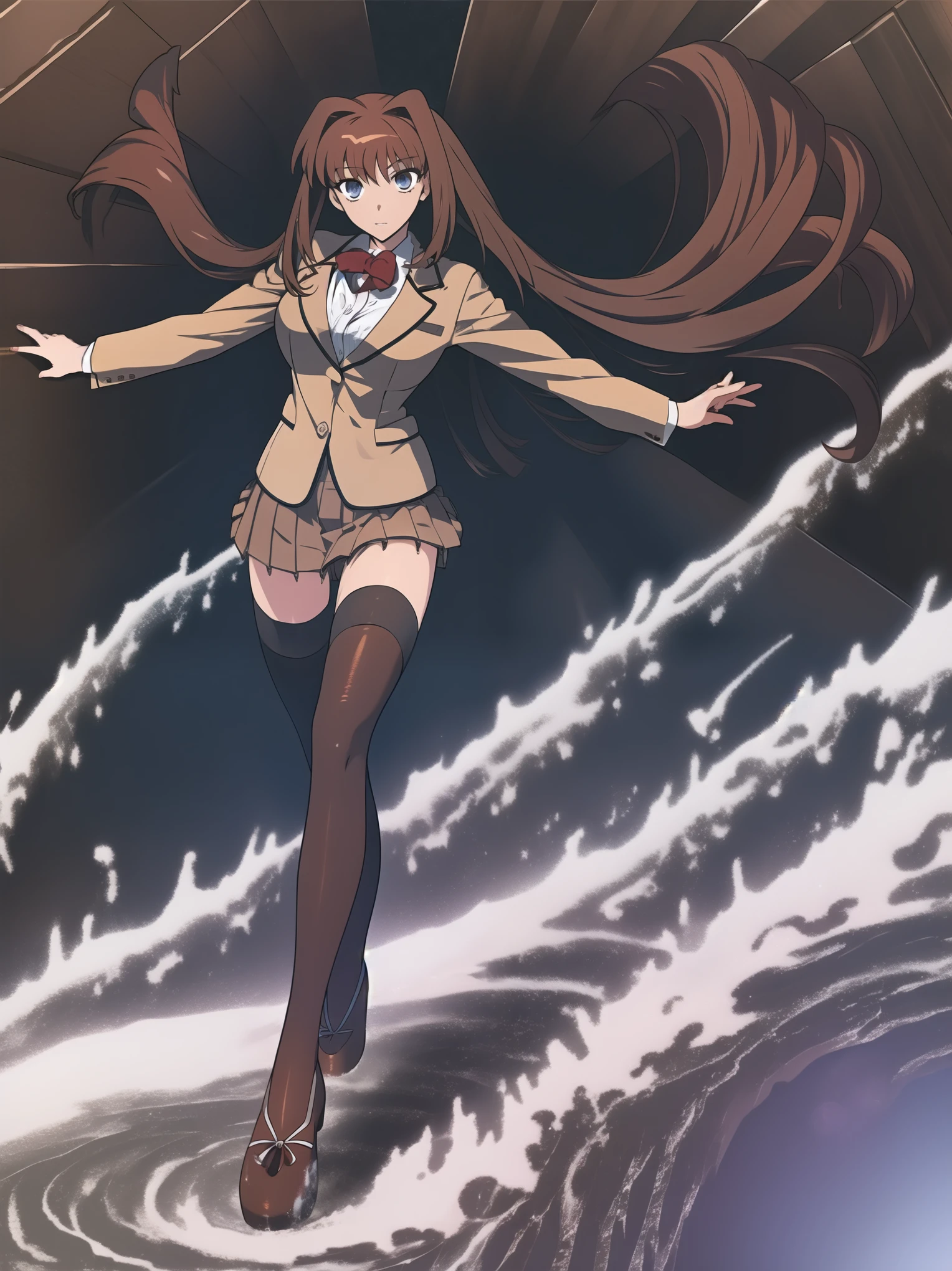 BREAK, (EMPTY BACKGROUND), BREAK (masterpiece:1.2), best quality, high resolution, 8k, illustration, (beautiful detailed eyes:1.6), extremely detailed face, extremely detailed body, CG, perfect hands, perfect anatomy, (((1girl))), ((solo)), ((((bbaoko))), (((2 legs max))), (((2 feet max:1.6))), ((swirling vortex shaped longest brown hair:1.5)), (brown longest hair with slightly reddish undertone:1.6), (lush luscious longest brown hair:1.6), (very long voluminous longest brown hair:1.5), serious, blue eyes, red bowtie, (Form-fitting beige blazer:1.5), brown jacket, (highly detailed beautiful face:1.2), (white shirt:1), (well shaped large breasts:1.6), (nice hips:1), (((Umber pleated thigh-high skirt:1.6))), (((black bike shorts:1.4))), (2 nice thighs:1.6), (black thighhighs:1.6), (strap shoes brown color), (facing front:1.5), ((standing straight:1.5)), ((Fullbody in frame:1.6)), ((Full body:1.5)), (takeuchi takashi:1.5)