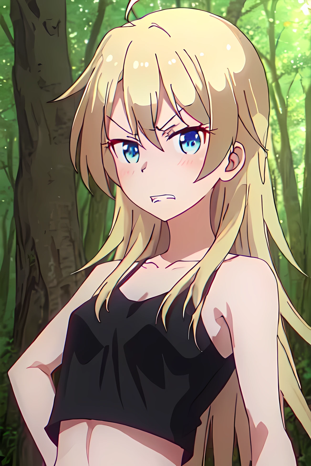 best quality, masterpiece, highres, solo, {yagami_kou_newgame:1.15}, blonde_hair, long_hair, blue_eyes, blush, collarbone, hair_between_eyes, ahoge, in a forest, bangs, closed_mouth, angry, black_crop_top, solo_focus, looking_at_viewer, clenched teeth