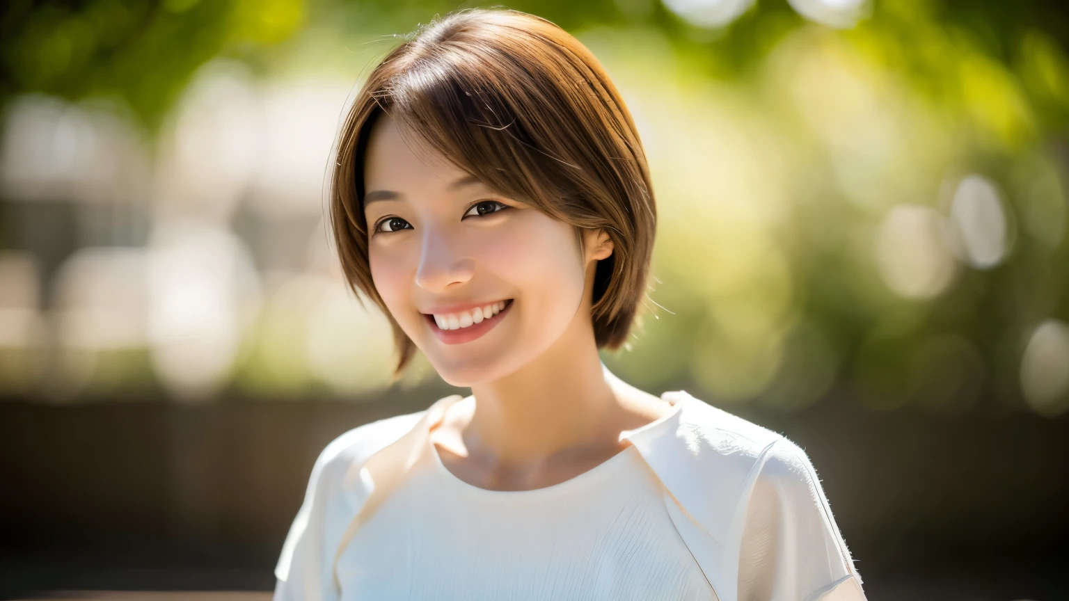 Japanese woman Age: 30 White blouse, light brown hair, smile, Surrealism, depth of field, first-person view, wide shot, 85mm, UHD, textured skin, best quality, 8k, anatomically correct
