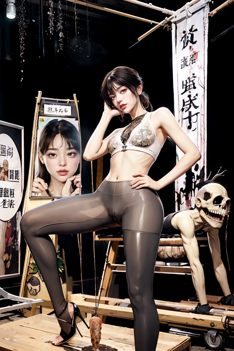 The beautiful girl in lace top and leggings is sitting astride a pile of skeletons in the center of the picture. She is holding a trembling sausage with juice squeezed out in her hand and smiling. There are multiple comic storyboards in the background，cbt, sausage bondage,sausage insertion,Sexy, trampling sausage with high heels heel,(masterpiece, best quality:1.2)，1 beautiful girl,sexy，comic storyboard:2, leggings, sit astride, axially symmetrical:2, ,femdom，sounding，cbt，hold，smile，colorful，leggings，thin gap，cameltoe，insertion，trembling，juice，spray， Long hair,Lace top,Sexy, Shiny leggings, High heel，cleveage, trampling, in forest, saliva , Mucus，