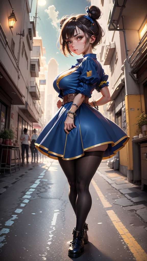 super fine illustration, vibrant colors, absurdres extremely detailed CG, 8k wallpaper, glare, Hong Kong backstreet, night, (upper kick), BROWN EYES SHORT HAIR BROWN HAIR DOUBLE BUN BUN COVER BLUE DRESS PELVIC CURTAIN SPIKED BRACELET SASH BROWN PANTYHOSE, 