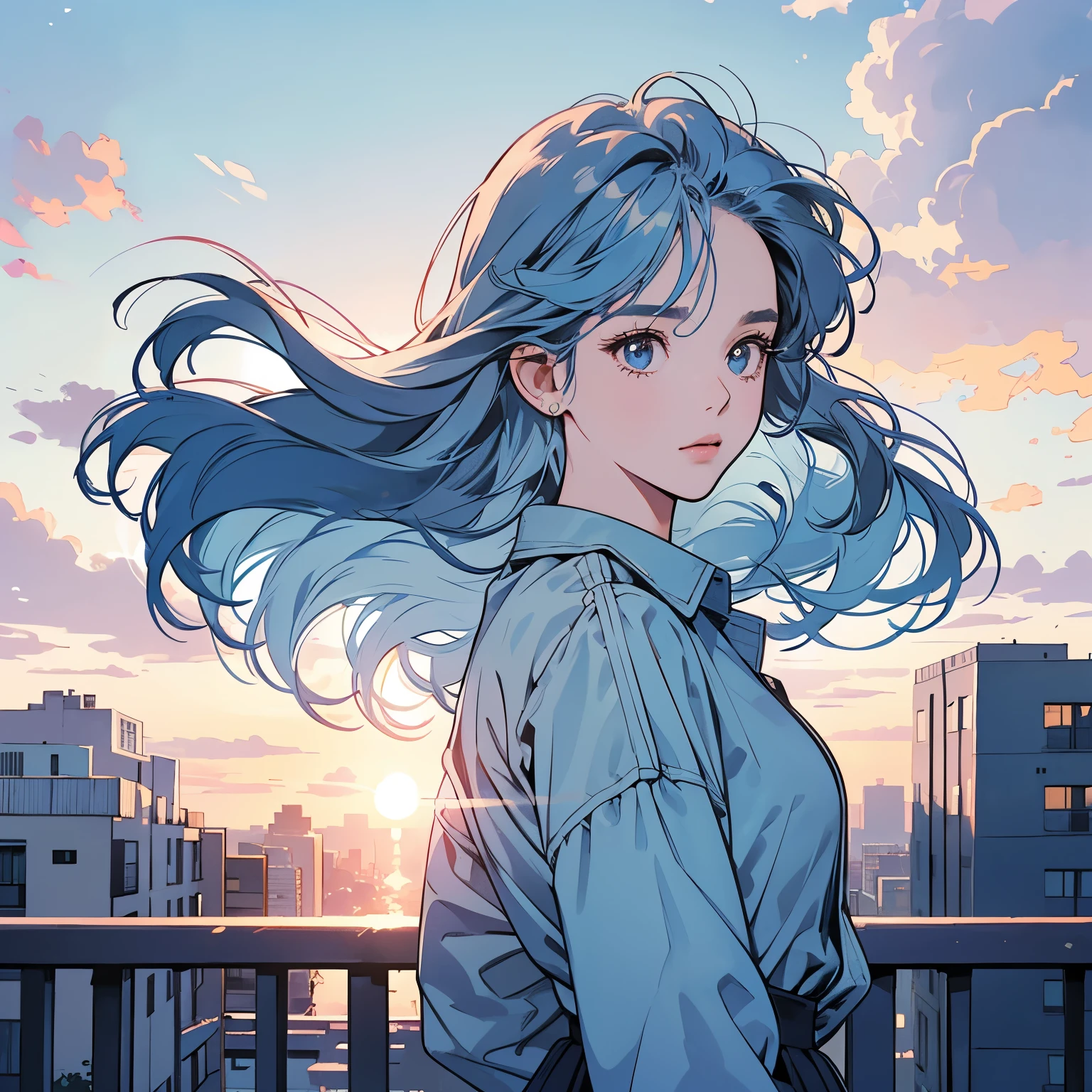 Upper Body、One beautiful woman、4K、Blue Shirt、Veranda of the apartment complex、Clouds in the sky、Urban cityscape、Complex background、Detailed Hair、Light blue hair、Faint lighting、The wind is blowing、(sunset)、(Backlight)、Strong gaze