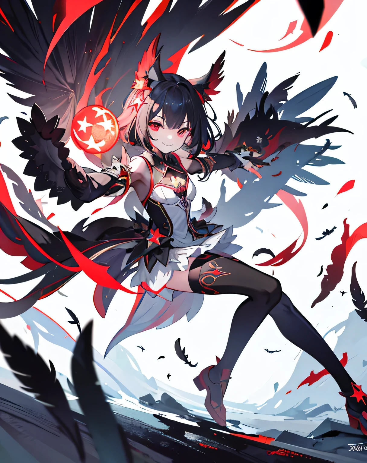 Art Station, White Background, Standing in the Wilderness,whole body、Equipped with Crow Gauntlets、triumphant smile、Small breasts、, As if smoke and shadows were given shape, Wings made from giant crows, Dancing crow feathers, Many glowing red eyes, Shadow Claw, Supernatural Lightning and Fire, ((Eight-pointed star symbol)), 8K High Resolution, TrendArt Station, whole body,Black feather frill dress、A whirlpool of countless red-eyed crows、Nova explosion