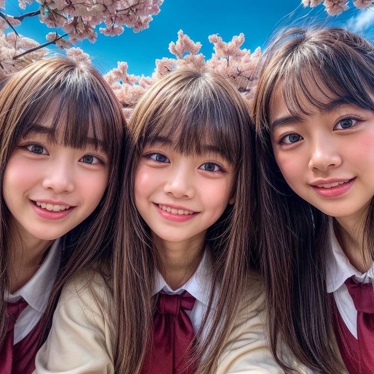 Best_Quality, (masterpiece:1.2) of Analog Hi-Res photo, (realistic and photorealistic with touch of rawness:1.37), (Panoramic group photo:1.5), (((SchoolGirls looking down at the camera and Surrounding))), (Filled with many Faces), (NOGIZAKA face variations:1.4), Wearing schooluniform, { pose for a photo | Kissing face to face }, (((close:1.4, Face closeup from below:1.25))), (((Sky background) with CherryBlossoms)) . BREAK Extremely Detailed KAWAII face variations, captivating gaze, elaborate detailed Eyes with (sparkling highlights:1.2), long eyelashes、Glossy RED Lips with beautiful details, Coquettish tongue, Rosy cheeks, Glistening ivory skin . (Dynamic joyful expressions | :D), Childish .