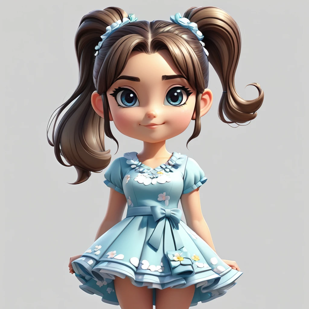 Drawing of a young woman with ponytail and dress, cute 3d rendering, cute detailed digital art, mini cute girl, cute digital painting, 3d rendering stylized, cute digital art, cute rendering 3d anime girl, little curve , cute! C4D, a single character full body, standing on a white base