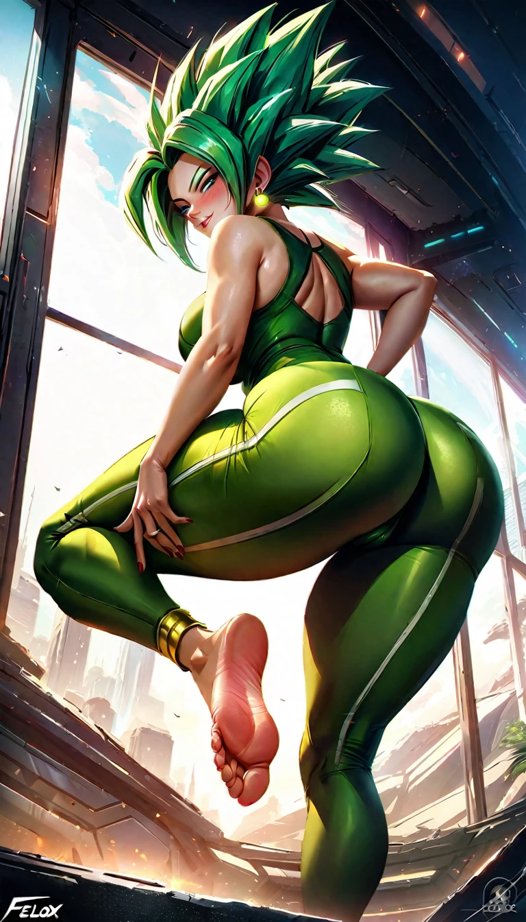 (highly detailed), high quality, masterpiece, (((beautiful))), (((full shot, back side view))), (((kefla))), (((dragon ball super))), (((felox08 art))), legendary super saiyan, legendary super saiyan, Green potara earrings, athletic female, (((5 fingers))), (((5 toes))), big butt, large ass, red nails, eyelashes, eyeliner, Green hair, (((green eyebrowns))), blue eye, (((thin eyebrowns))), bubble ass, busty, butt, (((green one piece swimsuit))), (((swimming trunks))), cleavage, (((feet detail))), fingers, genital outline, grabbing own ass, holding ass, (one hand on ass), humanoid feet, humanoid hands, (((horny face))), in love to the viewer, large bum, looking at viewer, nails, partially visible vulva, presenting feet, (((protective mother countenance))), pose, sensual eye, narrowed eyes, half-closed eyes, bedroom eyes, sensual body, smile, soles, (((soft soles))), (((meaty soles))), arched soles, tiptoes, feet blush, (((sole blush))), solo, sheap space, lying up, feet up, thick thighs, thighs together, toes, (((voluptuous))), high thighs, high hips, wide hips, curvy figure, curvaceous, absurd res, hi res, signature, in a spaceship next to a large window space