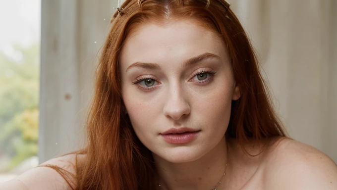 Face of Sophie Turner, Sansa Stark played by Sophie Turner, the de facto Lady of the Eyrie, is a 20-year-old queen with a stunning, alluring appearance. Full Face, pierced eyes, reddish lips, upper body shot, naked,c hair. toples, on all fours a perfect thick body, and a perfect thick figure. The photograph captures her in a close-up, with her skin texture and facial features being ultra-realistic and realistic. Juicy thick figure, high quality skin, Skin pores, amazing details