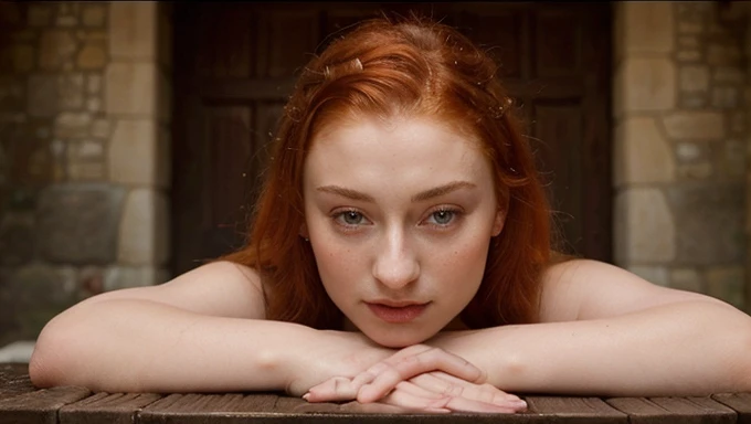 Face of Sophie Turner, Sansa Stark played by Sophie Turner, the de facto Lady of the Eyrie, is a 20-year-old queen with a stunning, alluring appearance. Full Face, pierced eyes, reddish lips, upper body shot, naked,c hair. toples, on all fours a perfect thick body, and a perfect thick figure. The photograph captures her in a close-up, with her skin texture and facial features being ultra-realistic and realistic. Juicy thick figure, high quality skin, Skin pores, amazing details