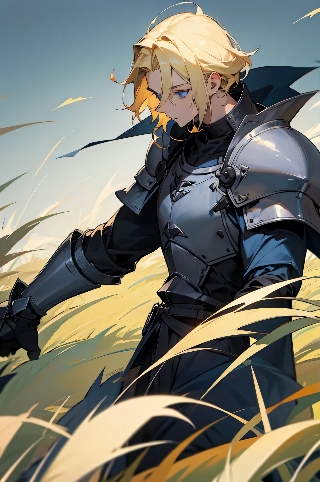 young adult, male blonde hair, blue eyes, black clothing, knight, grasslands