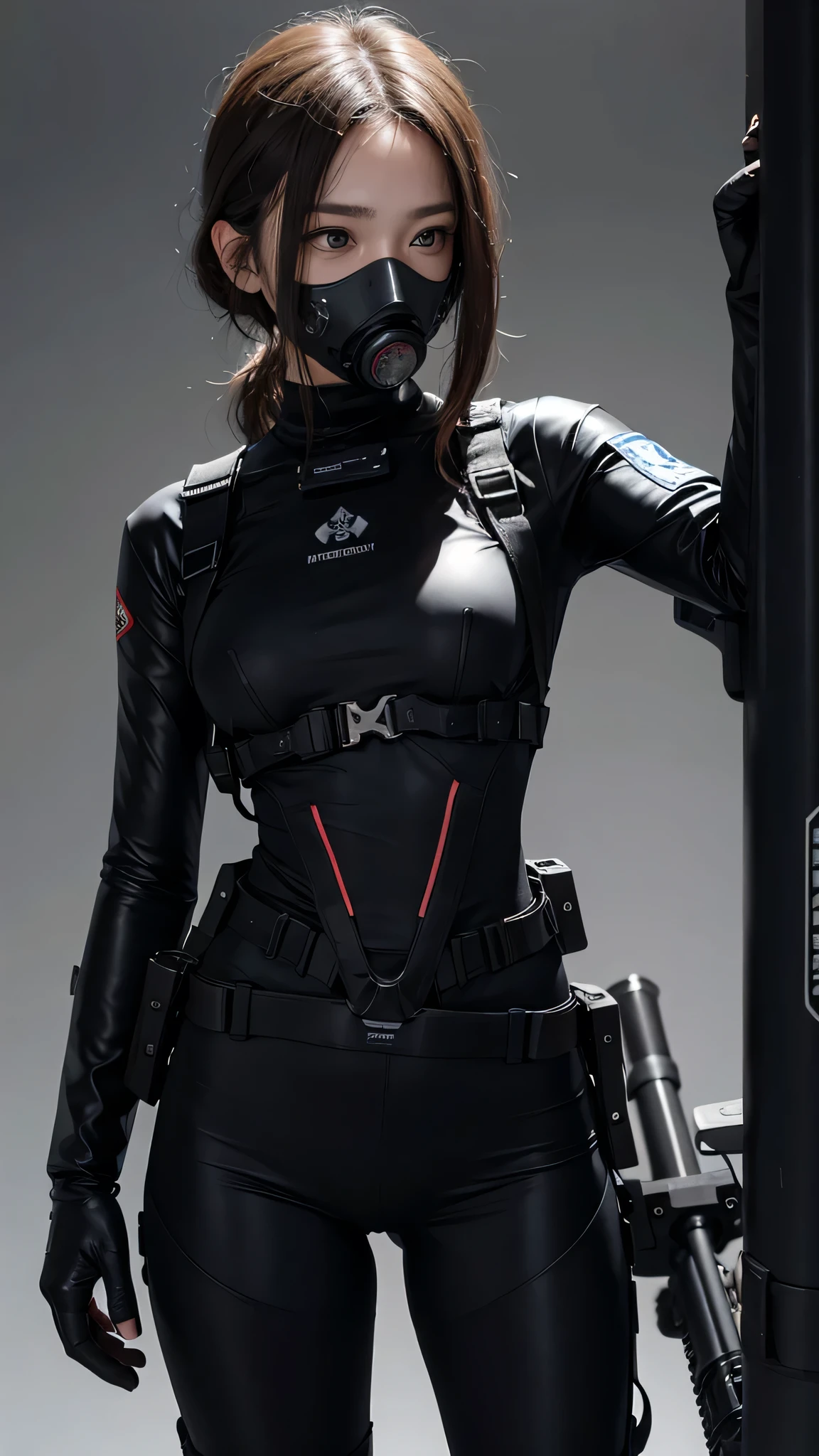 Highest image quality, outstanding details, ultra-high resolution, (realism: 1.4), ((close up:0.75)), highly condensed 1 lady, with beautiful and a delicate face, perfect proportion, aiming the viewer, ((aiming the viewer)), (chubby:0.3, small breasts), (cloths color base ratio black:0.2 white:0.6 other-color:0.1), (wearing rash-guard likes police uniform, black and gray mecha, wearing high-tech heavy gasmask, military harness, holding a machinegun, carrying hich-tech-flamethrower -tank on back), captain, background simple grey wall,