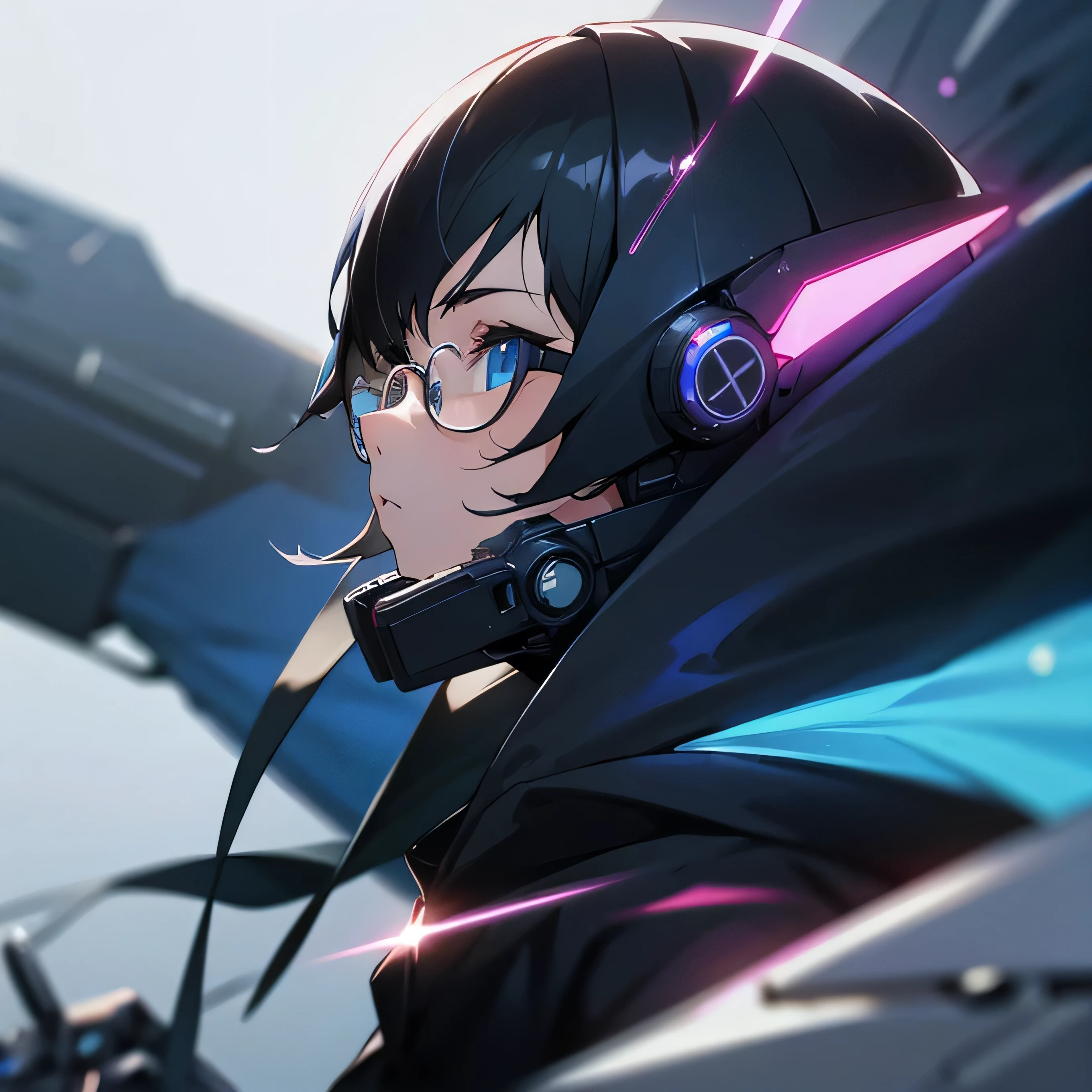 1girl, cyber outfit, anime, cybernetic, short black hair, glasses, , black hoodie, skirt, cyber mask, blue eyes, anime, cinematic shot, face close up, blur background, side profile