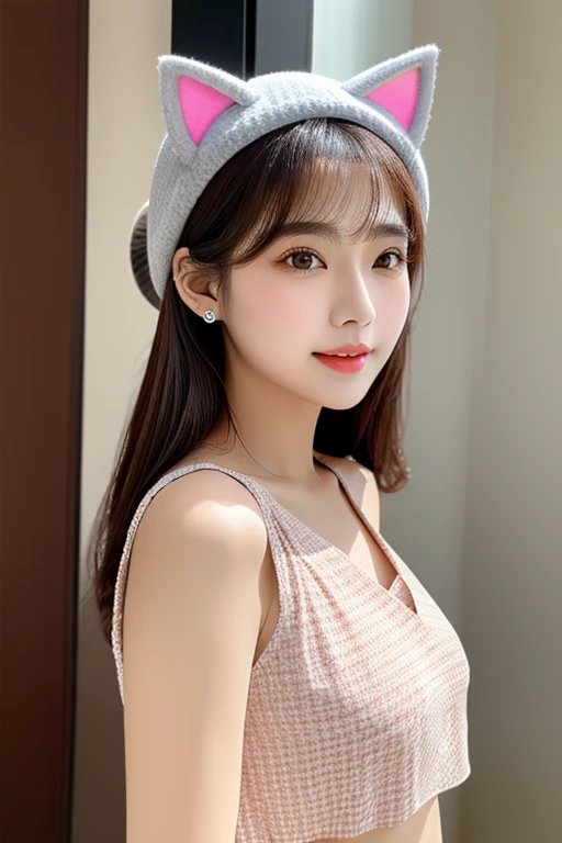 Chest G cup,Facial skin smooth and tender(Childlike face)Nine grids, aafed image of woman wearing blouse and cat ear hat,Nine consecutive shots