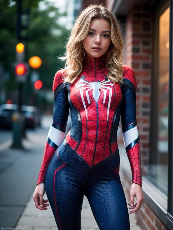 18yo Girl，White Spider-Man suit，short and wavy hair，blondehair，beautifulface，lluvia，teto，The Masterpiece，exquisite detailing，Perfect anatomy，best qulity，ultra-highresolution，4k, Full body Shot
