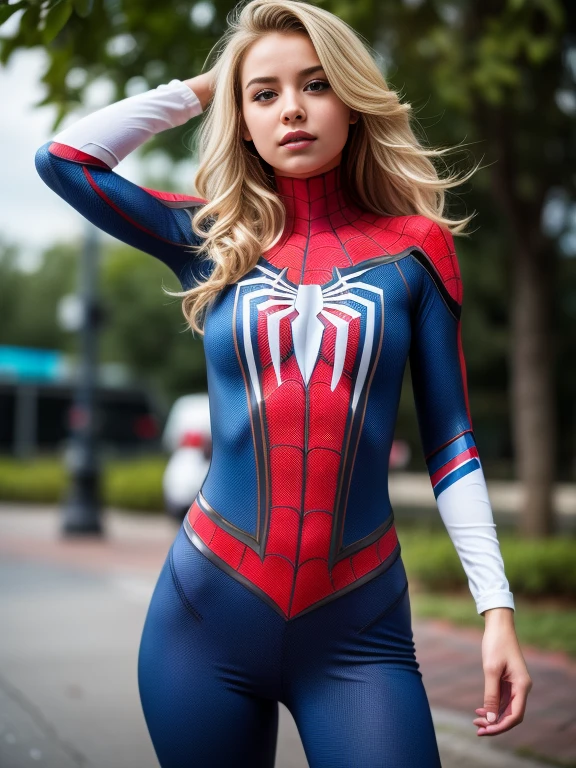 18yo Girl，White Spider-Man suit，short and wavy hair，blondehair，beautifulface，lluvia，teto，The Masterpiece，exquisite detailing，Perfect anatomy，best qulity，ultra-highresolution，4k, Full body Shot
