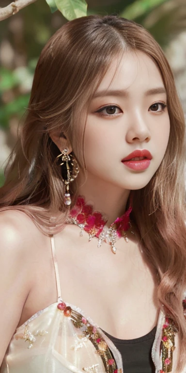 pretty girl: Asian, cute, stunningly beautiful, gorgeous;
Age: 20 years old;
hair: bronze orange color, smooth, shimmering in the sunlight, very detailed;
skin: ivory white, rosy and flawless;
eyes: pure black, ((realistic)), almond shaped, sexy, youthful, clear, super detailed, elegant, seductive, vivid makeup, sharp, ((captivating the viewer) );
eyelids: delicate, perfect beauty;
Eyebrows: arched, sparse, sharp;
face: beautiful, pure, beautiful like a fairy, delicate makeup, lovely, perfectly balanced, beautiful in every detail, delicate features, ((with tattoos));
nose: pretty, lovely, high;
Cheekbones: prominent;
lips: seductive, light red lipstick, lovely lip gloss;
teeth: moon crystal;
breasts: full, deep cleavage, firm, bra-fit, protruding nipples;
bra: bright red, gold embroidery, metallic;
body: plump, attractive, full of youth;
accessories: ruby necklace, ruby earrings;
shirt: silk fabric, red, white silk belt, ((exposed belly));
clothing: tight, (((see-through))), flattering on the chest;
underwear: bright red, ((embroidered with metallic thread)).
Fashion style: high-end women, modern 2024, luxury;
Photo quality: non-NSFW, 8K CG HD, sharp, super beautiful graphics, professional, detailed, vivid colors, super smooth, advanced techniques, super realistic RAW;
lighting: luxurious, front projection, complex, black and gold tones;
sunlight: sparkling, illuminating the girl's body;
Setting: wonderland, colorful flower garden.
(((The photo focuses on the girl's breasts, super realistic, super detailed, highlighting the edges under the bright sunlight))).