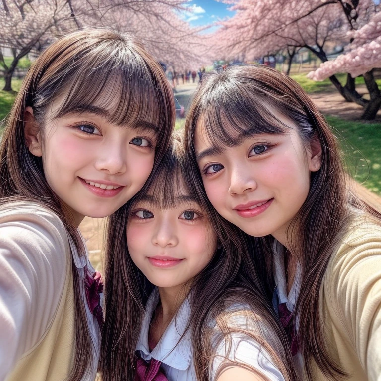 Best_Quality, (masterpiece:1.2) of Hi-Res photo, (realistic and photorealistic with touch of rawness:1.37), (Panoramic) (group photo:1.7), (((SchoolGirls looking down at the camera and Surrounding))), (Filled with many Faces), (NOGIZAKA face variations:1.4), Wearing schooluniform, { pose for a photo | Kissing face to face }, (((close:1.4, Face closeup from below:1.25))), (((Sky background) with CherryBlossoms)) . BREAK Extremely Detailed KAWAII face variations, captivating gaze, elaborate detailed Eyes with (sparkling highlights:1.2), long eyelashes、Glossy RED Lips with beautiful details, Coquettish tongue, Rosy cheeks, Glistening ivory skin . (Dynamic joyful expressions | :D), Childish .