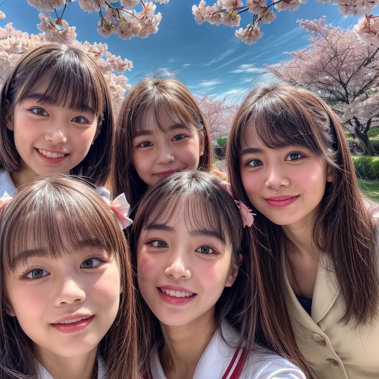 Best_Quality, (masterpiece:1.2) of Hi-Res photo, (realistic and photorealistic with touch of rawness:1.37), (Panoramic) (group photo:1.7), (((SchoolGirls looking down at the camera and Surrounding))), (Filled with many Faces), (NOGIZAKA face variations:1.4), Wearing schooluniform, { pose for a photo | Kissing face to face }, (((close:1.4, Face closeup from below:1.25))), (((Sky background) with CherryBlossoms)) . BREAK Extremely Detailed KAWAII face variations, captivating gaze, elaborate detailed Eyes with (sparkling highlights:1.2), long eyelashes、Glossy RED Lips with beautiful details, Coquettish tongue, Rosy cheeks, Glistening ivory skin . (Dynamic joyful expressions | :D), Childish .