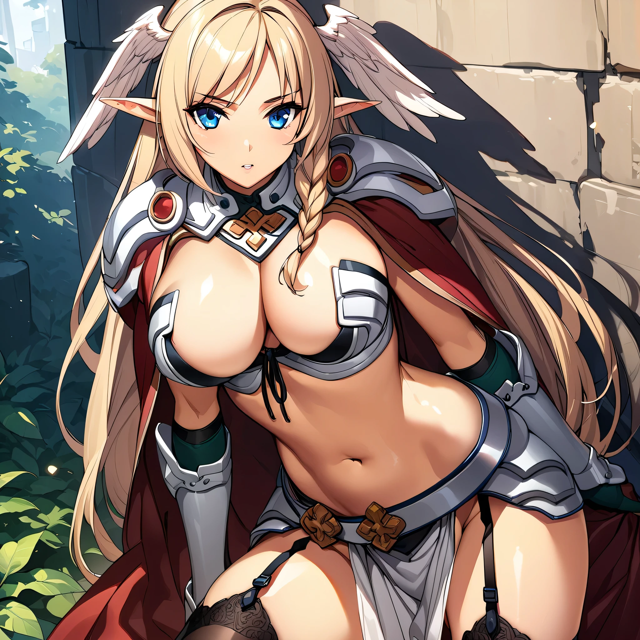 (masterpiece),(best quality),(ultra-detailed),(best illustration),(best shadow),(absurdres),(detailed background),(very aesthetic), alleyne, 1girl, elf, solo, pointy ears, blue eyes, blonde hair, breasts, long hair, side braid, cape, rune knight, thighhighs, bikini armor, armor, breasts, cleavage, pauldrons, navel, head wings, garter straps, close-up, 