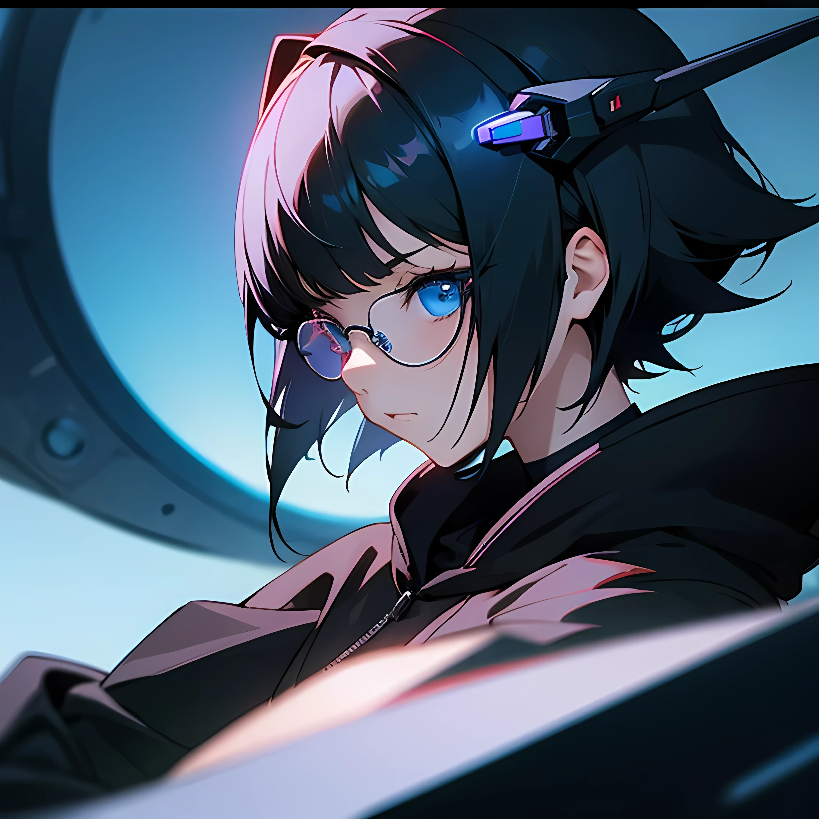 1girl, cyber outfit, anime, cybernetic, short black hair, glasses, , black hoodie, skirt, cyber mask, blue eyes, anime, cinematic shot, face close up, blur background, side profile