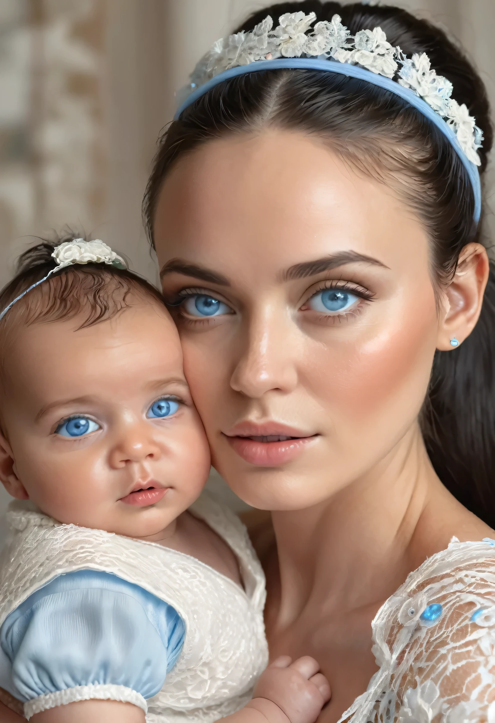 Arafed, high details, best quality, 16k, [ultra detailed], masterpiece, best quality, (extremely detailed), a ((facial portrait of woman:1.5)), holding a baby, black hair, in a bun, blue eyes, there is ((tear: 1.4)) rolling from her eyes, she is looking yearningly with great love at her newborn baby, soft light, high details, best quality, highres, lace drawing,