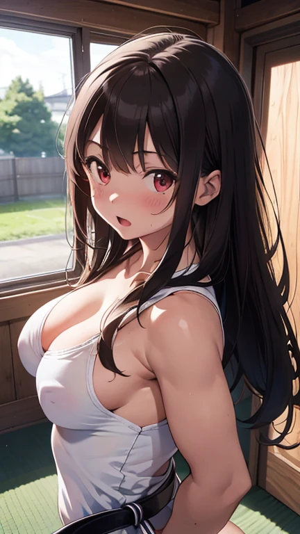 mastute piece,Best Quality,insanely detailed,8k cg,nsfw,
(shoot upper body:1.3),
(1girls:1.3),standing,looking at viewr,body in front,both arms behind back,(judo,judogi),
break,
blush,shy,(trembling:1.2),(Brown Hair),
break,
perfect breasts,perfect teats,(open mouth:0.9),(large breasts:1.2),
(judo field)、