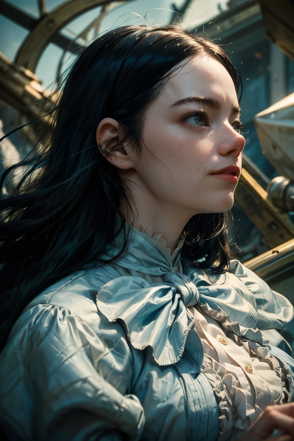 masterpiece, best quality, movie still, 1girl, emst, black hair, victorian blue dress, floating in the sky, (close-up:1.1), bright, happy, fun, soft lighting, (Bauhaus, shapes, lines, abstract:1.1)