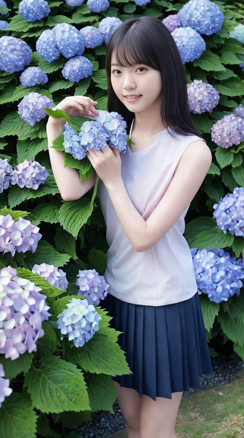最high quality、high quality、Best image quality、8k、topless,Nipples are visible、Pleated skirt,最High resolution、High resolution、最high quality、masterpiece、RAW Photos、whole body写真、Detailed and realistic human body、Detailed and realistic skin、Realistic face in every detail、Detailed and realistic eyes、Detailed and realistic lips、Detailed and realistic teeth、Detailed and realistic ears、Detailed and realistic hair、Detailed and realistic weapons、Realistic reproduction of every detail、Realistic fingers in every detail、(Beautiful Hands、thumb１reference４)、Realistic feet down to the last detail、((Beautiful Japanese Woman))、(Japanese Model)、((21 year old beautiful woman))、(Black Hair)、(Straight hair)、((whole body))、(Slim and perfect figure)、(whole body光沢肌、Fair skin)、Detailed and realistic human body、Detailed and realistic skin、Realistic face in every detail、Detailed and realistic weapons、Realistic fingers in every detail、Detailed realistic feet、Soft natural light、Japanese garden、A 360-degree view of hydrangea fields、((Standing in the middle of a hydrangea field(A girl surrounded by hydrangeas 360 degrees))、Poses to make your thighs look beautiful