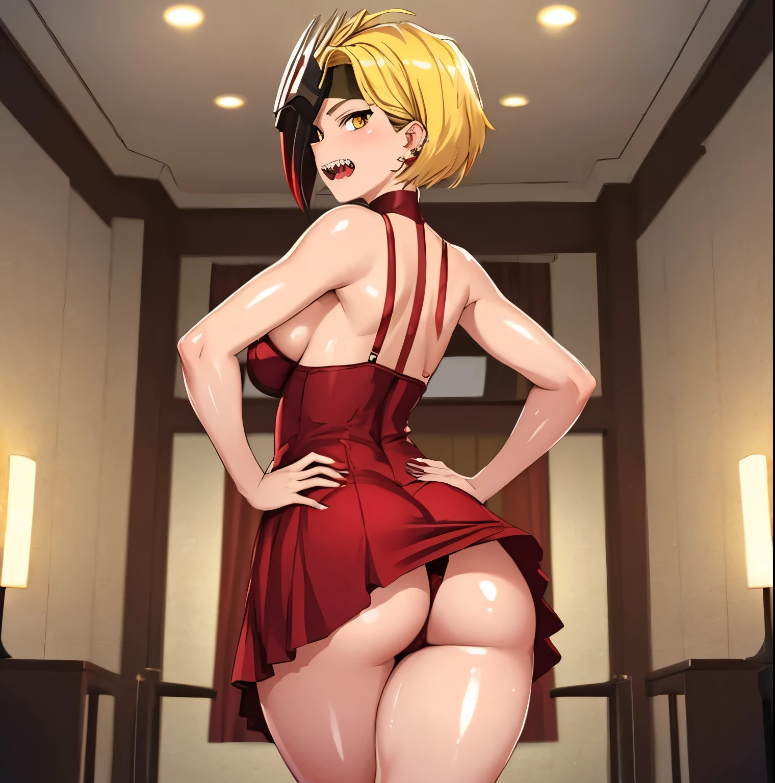 1 girl, alone, ryuko tatsuma, short hair, blonde hair, bare shoulders, wings on head, yellow eyes, red dress, tight dress, ear piercing, big breasts, medium waist, wide hips, medium thighs, round butt , piercing, (red lingerie: 1.1), one-piece lingerie (sharp teeth: 1.2), open mouth, headband, mask, ,sexy body, sexy posture, embarrassed, hand on hip, masterpiece, best quality, very background detailed, perfect lighting, best quality ((glossy skin, shiny skin, detailed skin)),standing, room, bedroom,looking at viewer, looking back,from behind,pov(from below), ass focus,perfect anatomy, perfect hands