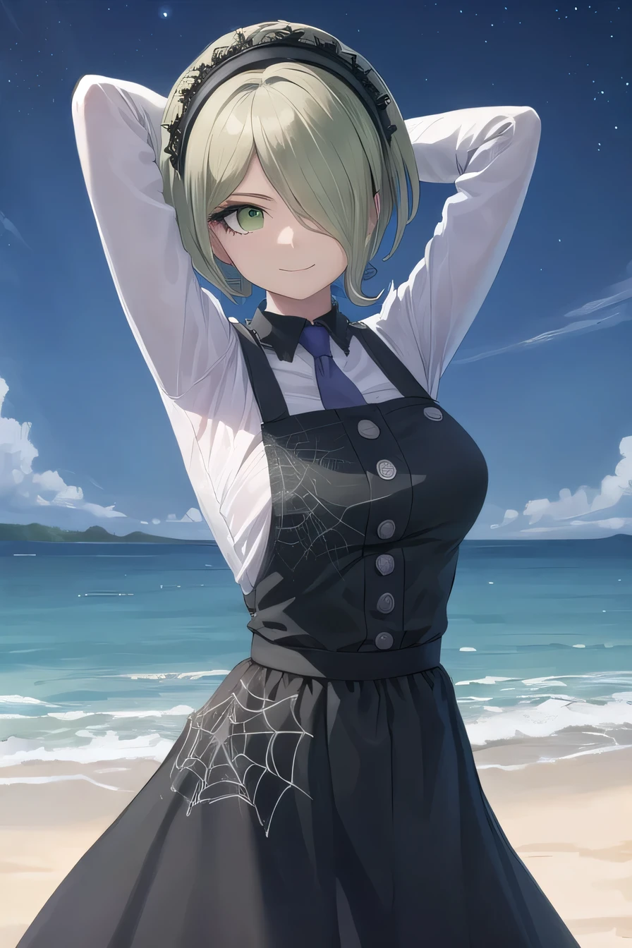 (highly detailed:1.3),
tkirumi, looking at viewer, smile, large breasts, long sleeves, white shirt, green hair, black gloves, hair over one eye, black dress, maid headdress, pinafore dress, looking at viewer, smile, closed mouth, solo, cowboy shot, night sky, beach, arms behind head, contrapposto, spread armpits, looking at viewer, best quality, smile, spider web print, 
Ultra-detail,(highres:1.1),best quality,(masterpiece:1.3), cinematic lighting,  