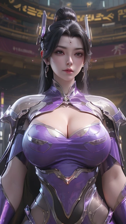 Food Girl,Solitary,Upper body close-up, ((Beautiful brunette)), (Giant fake breasts:1.5) (((Large Breasts)))、((Breast sagging))、Low-cut,(((Cleavage ))),(((Wide hips,)))(((,Hourglass figure))), ((Long legs)), ((NSFW Cleavage:1.5)), (Muscle Abs:1.3), (LED Purple Shiny Futuristic Mech Cyber Cropped Top, Black mecha tights,portrait:1.5), (Muscular perfect body mature woman, Sweaty plump body:1.2), (looking at the audience:1.3), (Women's Focus:0.8), (HALLRoom OF FUTURISTIC SPACE STATION:1), (Bright White_Room:1.3), Super texture, (4X multi-anti-aliasing), ((Unreal Engine 5 Rendering)), Physically Based Rendering, Ultra HD, 16K, 1080P.