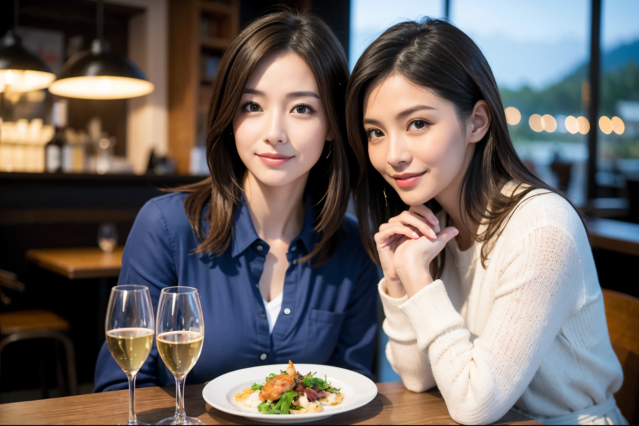 ((highest quality、8k、masterpiece:1.3))、1 male、1 woman who resembles Satomi Ishihara、Couple、Spouse、Couple、The body is slim、((Bob Hale、Straight hair:1.2)), (Realistic, Intricate details:1.2), Wine glass on the table、Put the light on your face、 Amazing view of the sunset sky and clouds、Amazing mountain views、A bright smile、The wonderfulness of smile、Bright image、The beauty of wine, Beautiful Face, blue eyes, The light shines on your face, Blushing, short hair,Bright Face、 (Age 42), 39 years old, red wine 、Appetizers、Italian food、Wine bottle、Champagne、sparkling wine、Two beauties、Brown Hair、Shortcuts、Long sleeve shirt、dress、Pretty Woman 1, (Slim face), (The body is slim), (Brown Hair), (Shortcuts), cheeks turn a little red,Attractive beauty、restaurant, In a prominent place (From the waist up) Nova Frog Style, actress, model, Upper Body, White wine, slim, wine glass, A wine glass placed in the center, smile, (smile: 1.15), Beautiful fine grain, Depth f/2,saturation, High Contrast, Strong light and shadow,Moist Body:1.5、3D texture、Delicate eyes、Brown Hair、The hair is very shiny、