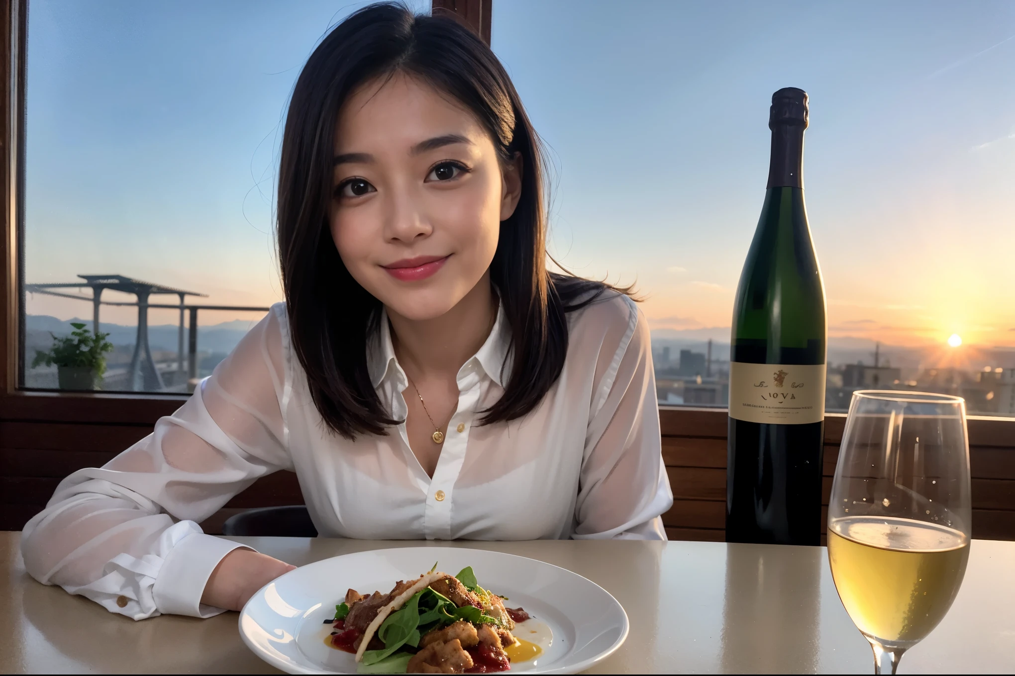 ((highest quality、8k、masterpiece:1.3))、1 male、1 woman who resembles Satomi Ishihara、Couple、Spouse、Couple、The body is slim、((Bob Hale、Straight hair:1.2)), (Realistic, Intricate details:1.2), Wine glass on the table、Put the light on your face、 Amazing view of the sunset sky and clouds、Amazing mountain views、A bright smile、The wonderfulness of smile、Bright image、The beauty of wine, Beautiful Face, blue eyes, The light shines on your face, Blushing, short hair,Bright Face、 (Age 42), 39 years old, red wine 、Appetizers、Italian food、Wine bottle、Champagne、sparkling wine、Two beauties、Brown Hair、Shortcuts、Long sleeve shirt、dress、Pretty Woman 1, (Slim face), (The body is slim), (Brown Hair), (Shortcuts), cheeks turn a little red,Attractive beauty、restaurant, In a prominent place (From the waist up) Nova Frog Style, actress, model, Upper Body, White wine, slim, wine glass, A wine glass placed in the center, smile, (smile: 1.15), Beautiful fine grain, Depth f/2,saturation, High Contrast, Strong light and shadow,Moist Body:1.5、3D texture、Delicate eyes、Brown Hair、The hair is very shiny、