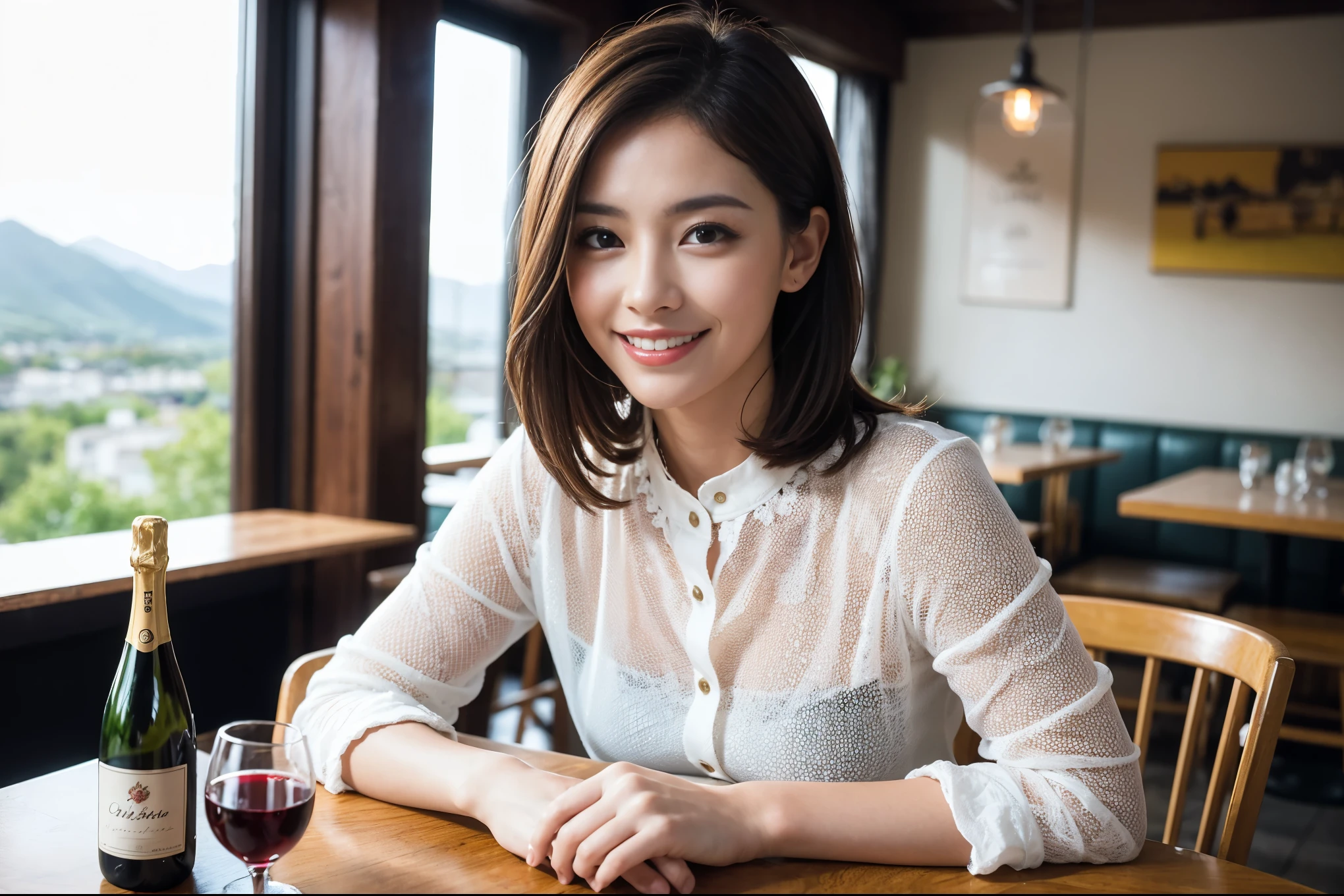 ((highest quality、8k、masterpiece:1.3))、1 male、1 woman who resembles Satomi Ishihara、Couple、Spouse、Couple、The body is slim、((Bob Hale、Straight hair:1.2)), (Realistic, Intricate details:1.2), Wine glass on the table、Put the light on your face、 Amazing view of the sunset sky and clouds、Amazing mountain views、A bright smile、The wonderfulness of smile、Bright image、The beauty of wine, Beautiful Face, blue eyes, The light shines on your face, Blushing, short hair,Bright Face、 (Age 42), 39 years old, red wine 、Appetizers、Italian food、Wine bottle、Champagne、sparkling wine、Two beauties、Brown Hair、Shortcuts、Long sleeve shirt、dress、Pretty Woman 1, (Slim face), (The body is slim), (Brown Hair), (Shortcuts), cheeks turn a little red,Attractive beauty、restaurant, In a prominent place (From the waist up) Nova Frog Style, actress, model, Upper Body, White wine, slim, wine glass, A wine glass placed in the center, smile, (smile: 1.15), Beautiful fine grain, Depth f/2,saturation, High Contrast, Strong light and shadow,Moist Body:1.5、3D texture、Delicate eyes、Brown Hair、The hair is very shiny、