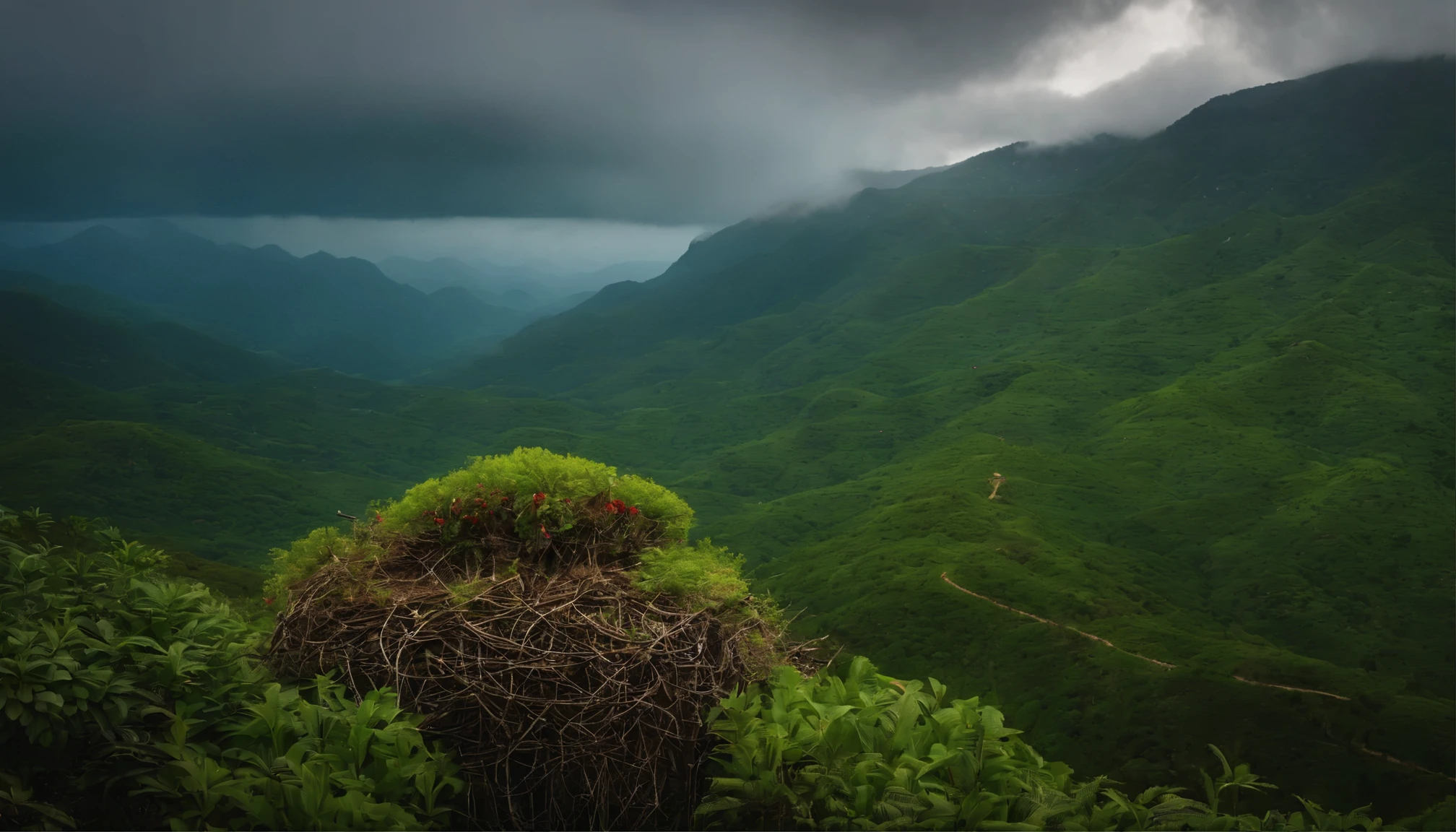 An image with the overcast sky still its first drops of rain on a mountainous cachoera with only a nest of birds with their young as vegetation. Imagem em 4K.