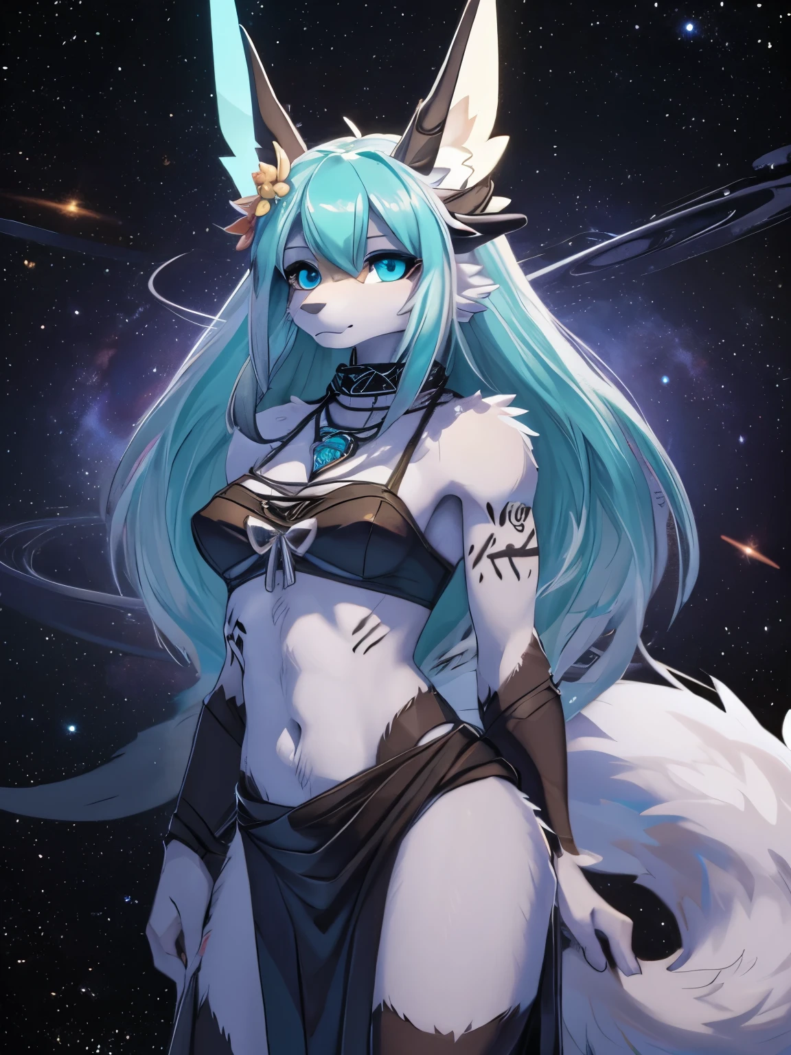 Miku hatsune, aqua&white, alta definicion, orejas de kitsune, golden tatoo, tribal tatoo, vista mediolateral sentada piernas apretadas, mirada coqueta, blue deep eyes, magic aura, space kitsune, mistic aura, aura mistica, long fluffy tail, powered eyes, space aura, godnes girl, godnes kitsune, space divinity, multiple colorfull space 