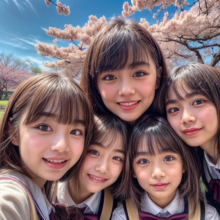 Best_Quality, (masterpiece:1.2) of Hi-Res photo, (realistic and photorealistic with touch of rawness:1.37), (Panoramic) (group photo:1.7), (((SchoolGirls looking down at the camera and Surrounding))), (Filled with many Faces), (NOGIZAKA face variations:1.4), Wearing schooluniform, { pose for a photo | ((Kissing face to face)) }, (((close:1.4, Face closeup from below:1.25))), (((Sky background) with CherryBlossoms)) . BREAK Extremely Detailed KAWAII face variations, captivating gaze, elaborate detailed Eyes with (sparkling highlights:1.2), long eyelashes、Glossy RED Lips with beautiful details, Coquettish tongue, Rosy cheeks, Glistening ivory skin . (Dynamic joyful expressions | :D), Childish .