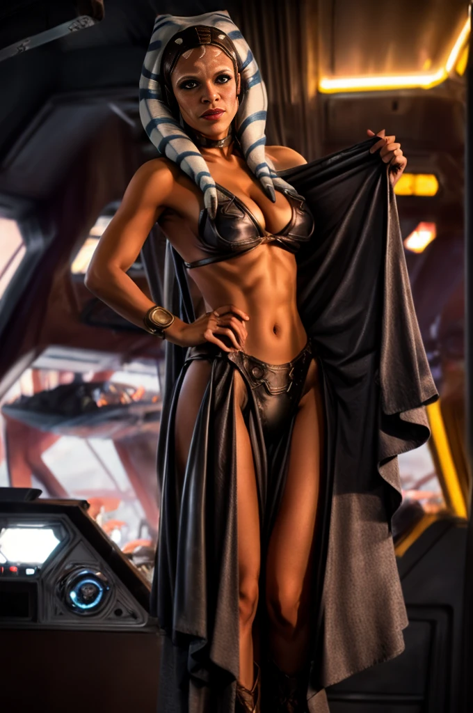 Detailed atmospheric photography. Young muscular athletic (((ahsokatano rosario dawson))), 25 years old, (((undressing))), taking off her bikini on a starship enterprise. Lots of skin on show. Leather, mesh, thong, High leg-line, high heels, plunging cleavage, intricate choker, red, gold black. Cleavage, Great thighs, large breasts, great ass, muscular body, dark red lipstick, detailed makeup, intricate makeup, eyeshadow, eyeliner wings. (((undressing))). Seductive lighting. Full length shot, Risky Pose, seductive, looking into camera.
