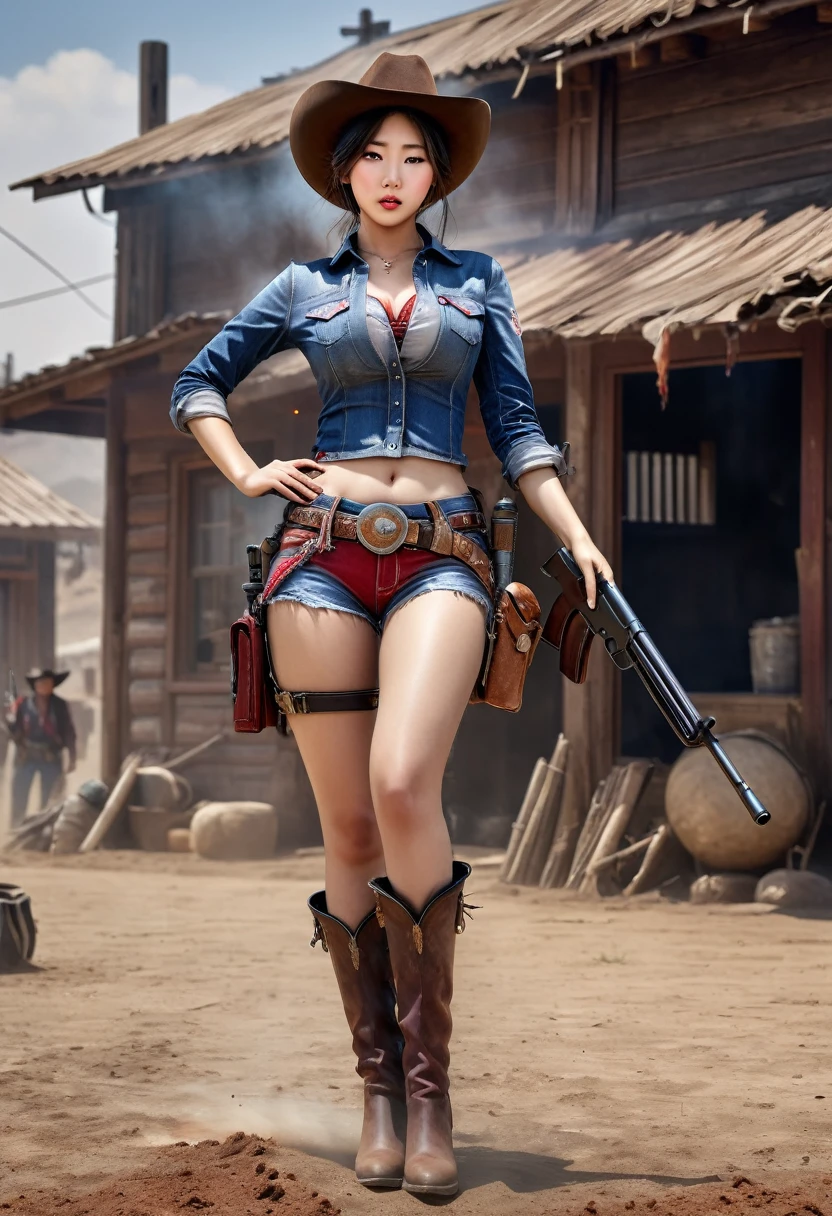 displays a hyper realistic image, a beautiful Korean girl character, huge breasts, beautiful breasts, wearing typical cowboy clothes, dirty red, slightly torn, holding a gun in her right hand and a toy cowboy rifle in her left hand, while making shooting movements in a shooting position. . hovering over the dusty ground, fire elements coming out of the man's body, several enemies behind him, background in the middle of a cowboy village, realistic ultra HDR extreme original face, incredibly absurdres, ultra detailed, high resolution, realistic lighting, photorealism, hyperrealism,masterpiece,vibrant colors,stunning visuals,ultra skin texsture,stable diffusion,perfect anatomy,crazy details