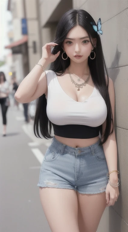 woman ((20 years old) ), hair ((long, Direct, Black)), Eye ((Black, smart Eye)), clothing ((hot pants, Butterfly Cropped Top, blue)), Accessories ((necklace, hair pin, bracelet, earrings)), Big boobs (((Large Breasts)))、((Breast sagging))、Low-cut,(((Cleavage ))),(((Wide hips,)))(((,Hourglass figure))), ((Long legs)), OPPEIN, Charming smile, street, Enchanting girl, show ass, twerking,